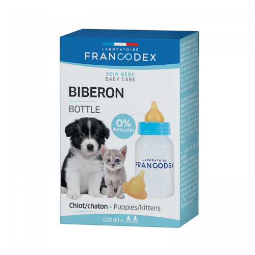 Fľaša na kŕmenie zvierat 120 ml + 2 cumlíky FRANCODEX Butelka do karmienia szczeniąt i kociąt 120 ml-2.png